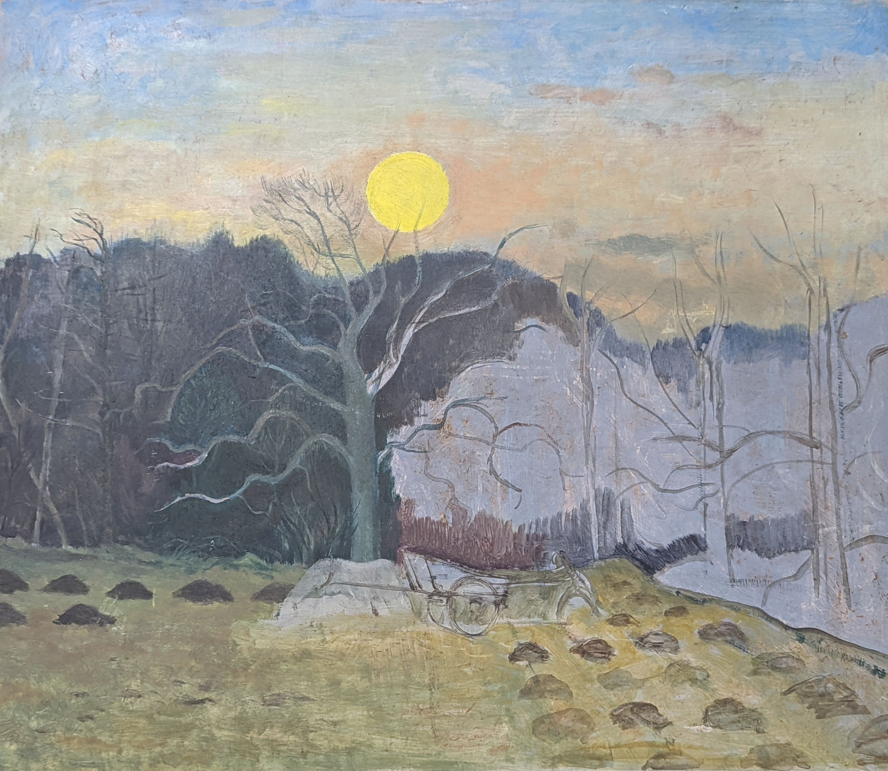 Henry James Neave (1911-1971), oil on board, Moonlit landscape, 43 x 50cm, unframed